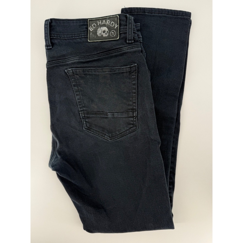 Ed Hardy Jeans Mens 34 Black Slim Fit Skuller Y2K Born To Raise Hell Denim Pants